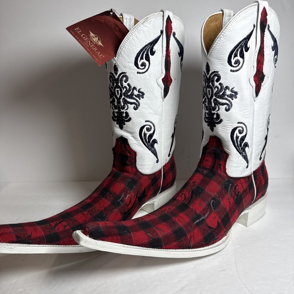 El General Plaid long toe Embroidered cowboy dance 15 In Long boots size 8
